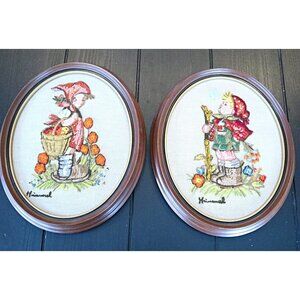 Vintage Hummel Embroidery Needlepoint Framed Set of 2 Wall Hanging 1970's